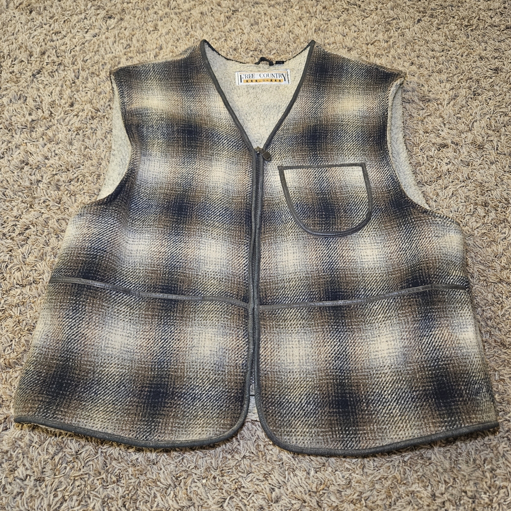 Vintage Free Country Plaid Sherpa Fleece Lined Wool Blend‎ Mens Size Large Tan